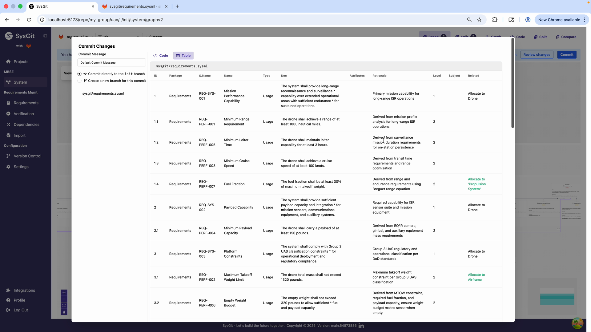 Commit dialog with table view of changes